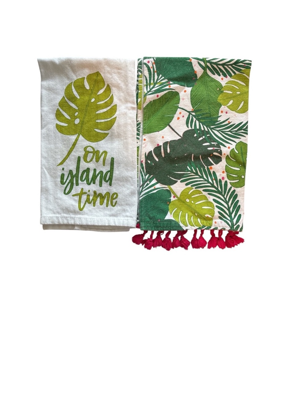 Tropical Leaf Print On Island Time Pom Pom Kitchen Towels Bundle